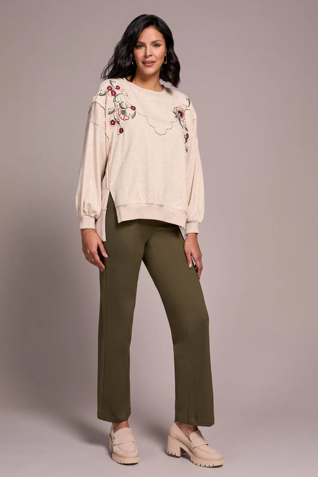 Embroidered Drop Shoulder Crew Neck Top-Oatmeal sold by Tribal product image thumbnail 2