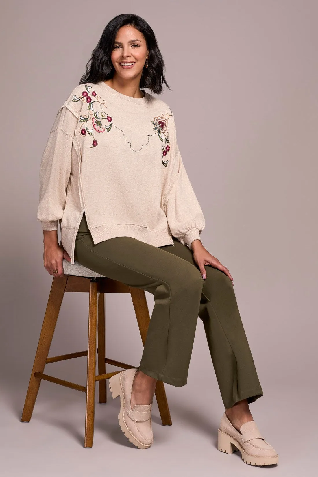 Embroidered Drop Shoulder Crew Neck Top-Oatmeal sold by Tribal product image thumbnail 3
