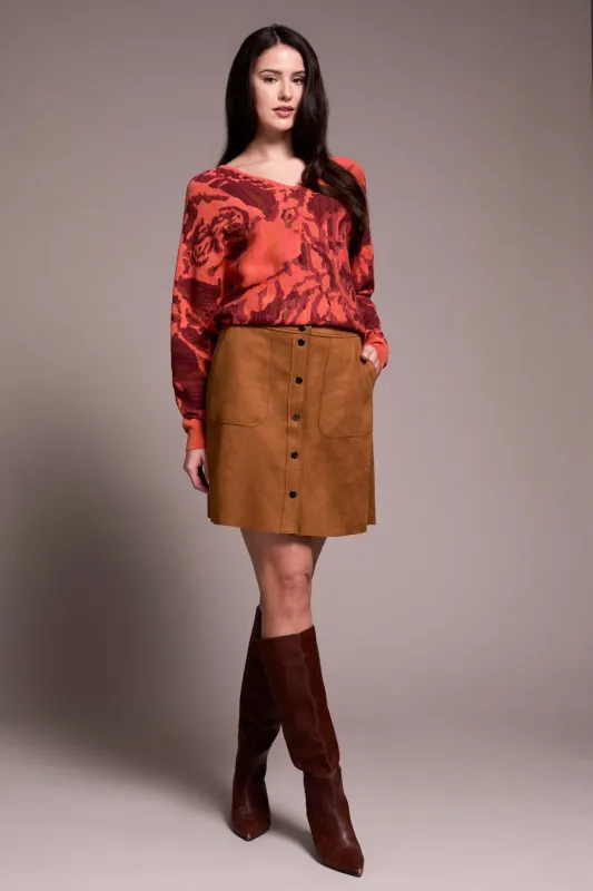 Suede A-Line Button Front Skirt-Biscotti sold by Tribal