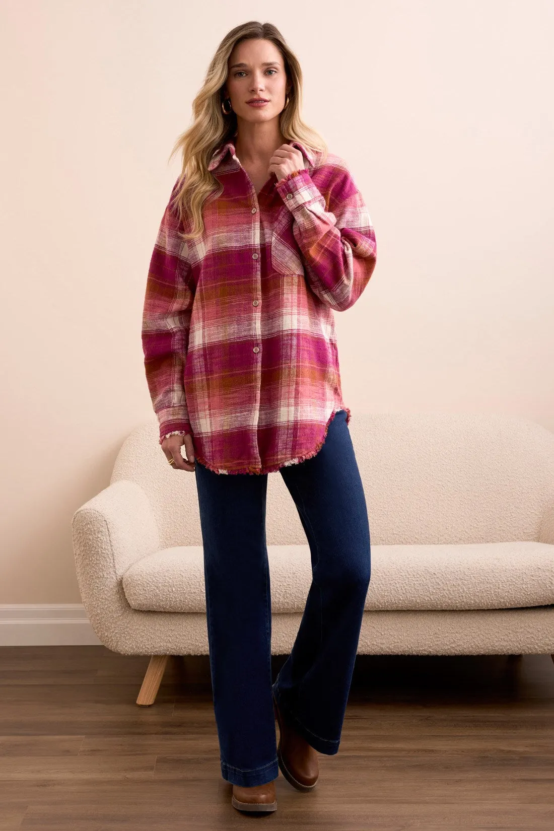 Oversized Flannel Fringed-Hem Shirt-Plumwine sold by Tribal product image thumbnail 2