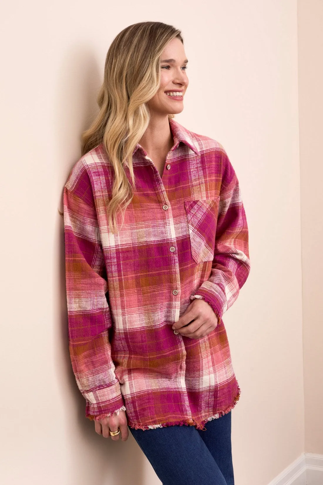 Oversized Flannel Fringed-Hem Shirt-Plumwine sold by Tribal product image thumbnail 3
