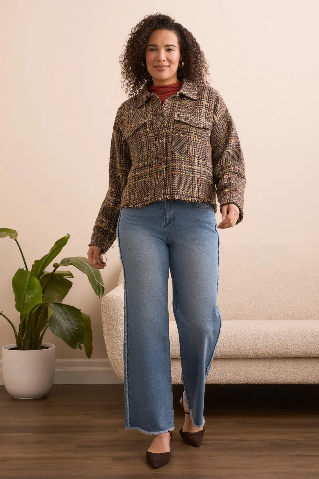 Tweed Fashion Jacket With Frayed Edge -Cocoa sold by Tribal