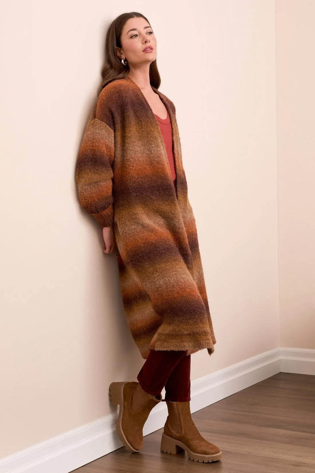 Boucle Space Dye Puff Sleeve Long Cardigan-M dk toffee sold by Tribal product image thumbnail 2