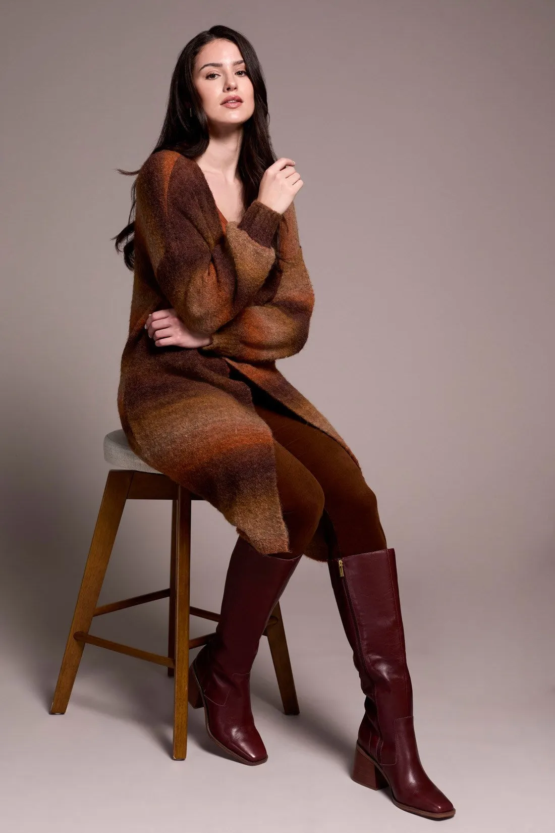 Boucle Space Dye Puff Sleeve Long Cardigan-M dk toffee sold by Tribal product image thumbnail 3