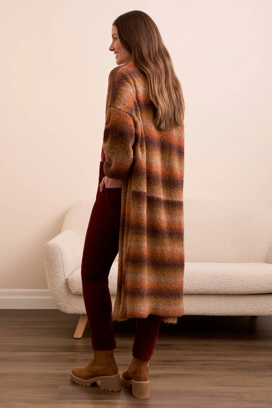 Boucle Space Dye Puff Sleeve Long Cardigan-M dk toffee sold by Tribal product image thumbnail 4