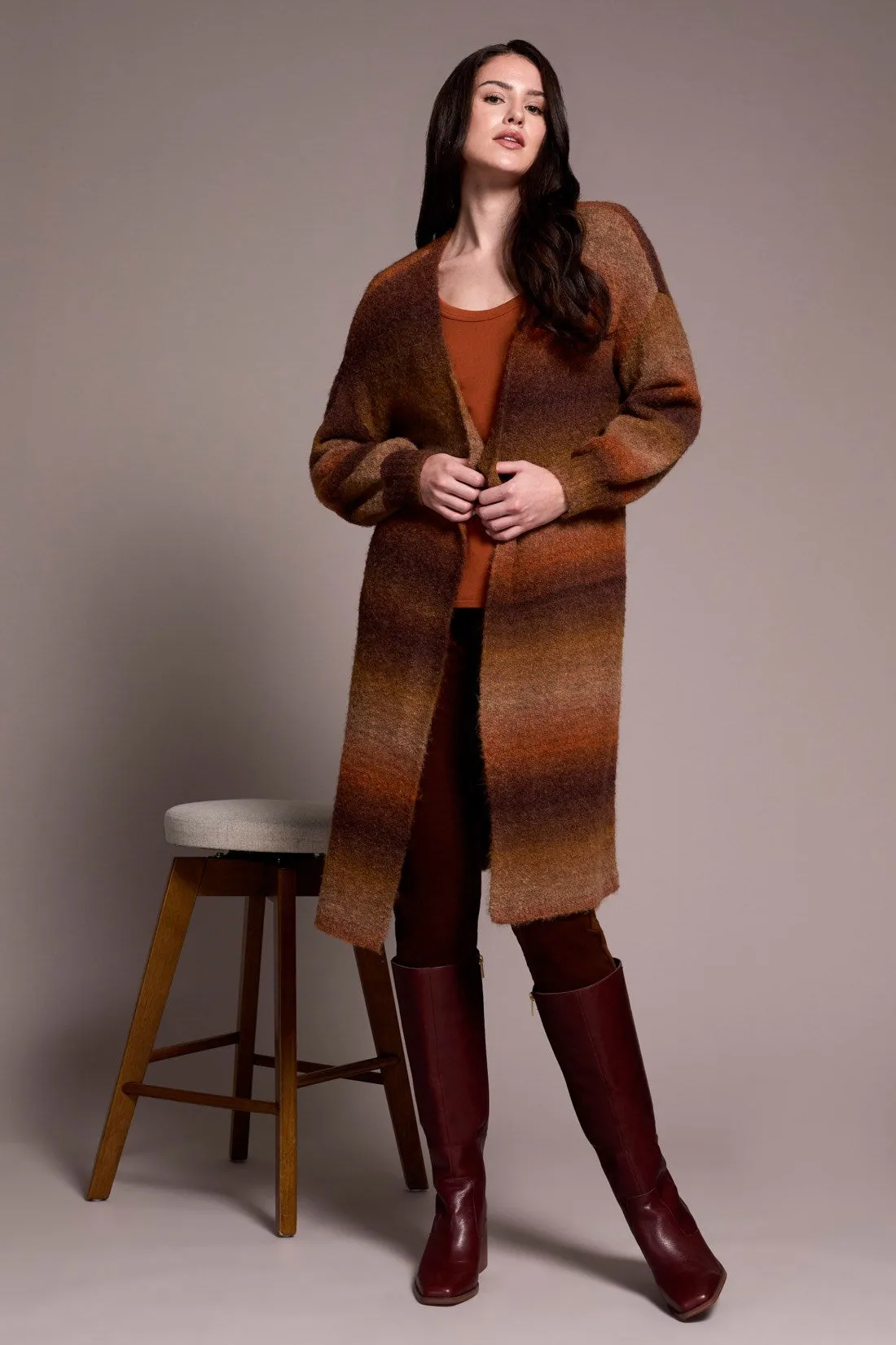 Boucle Space Dye Puff Sleeve Long Cardigan-M dk toffee sold by Tribal