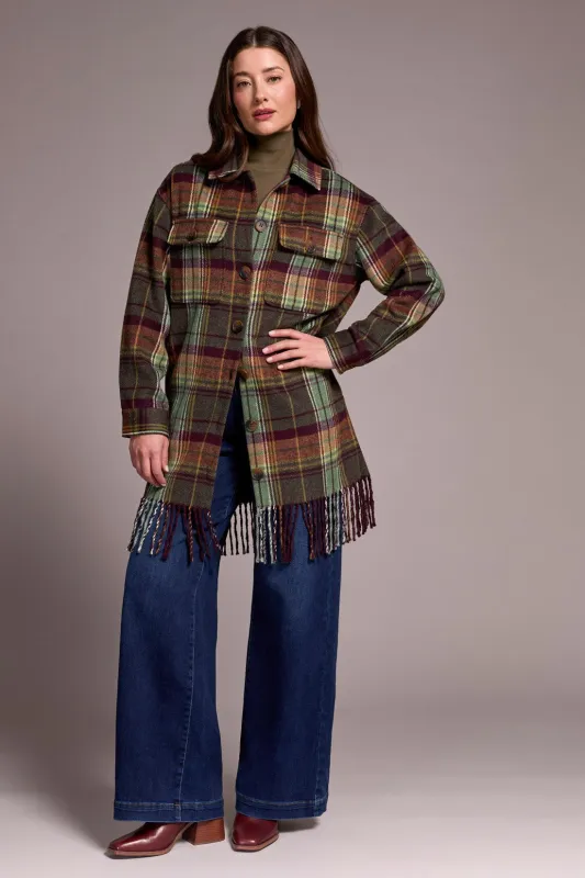 Brushed Plaid Fringe-Hem Button-Front Shacket-Passion plum sold by Tribal