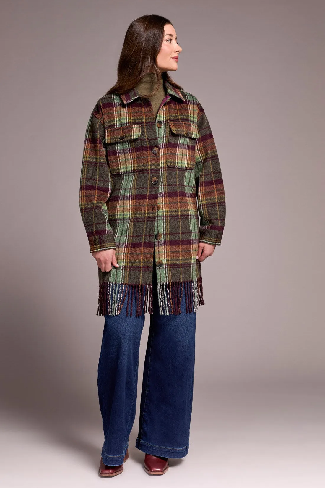 Brushed Plaid Fringe-Hem Button-Front Shacket-Passion plum sold by Tribal product image thumbnail 3