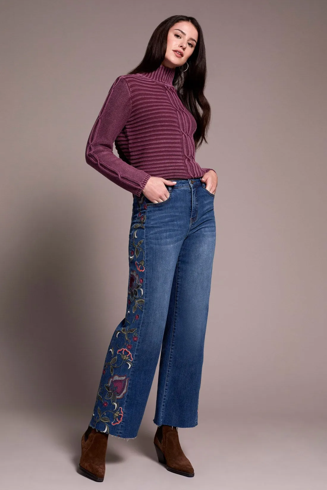 Brooke High Rise Embroidered Wide Leg Jeans-Bluedusk sold by Tribal