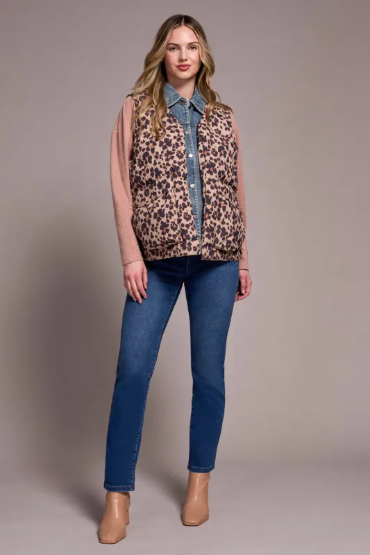 Printed Leopard Shell Fooler Puffer Denim Vest-Biscotti sold by Tribal
