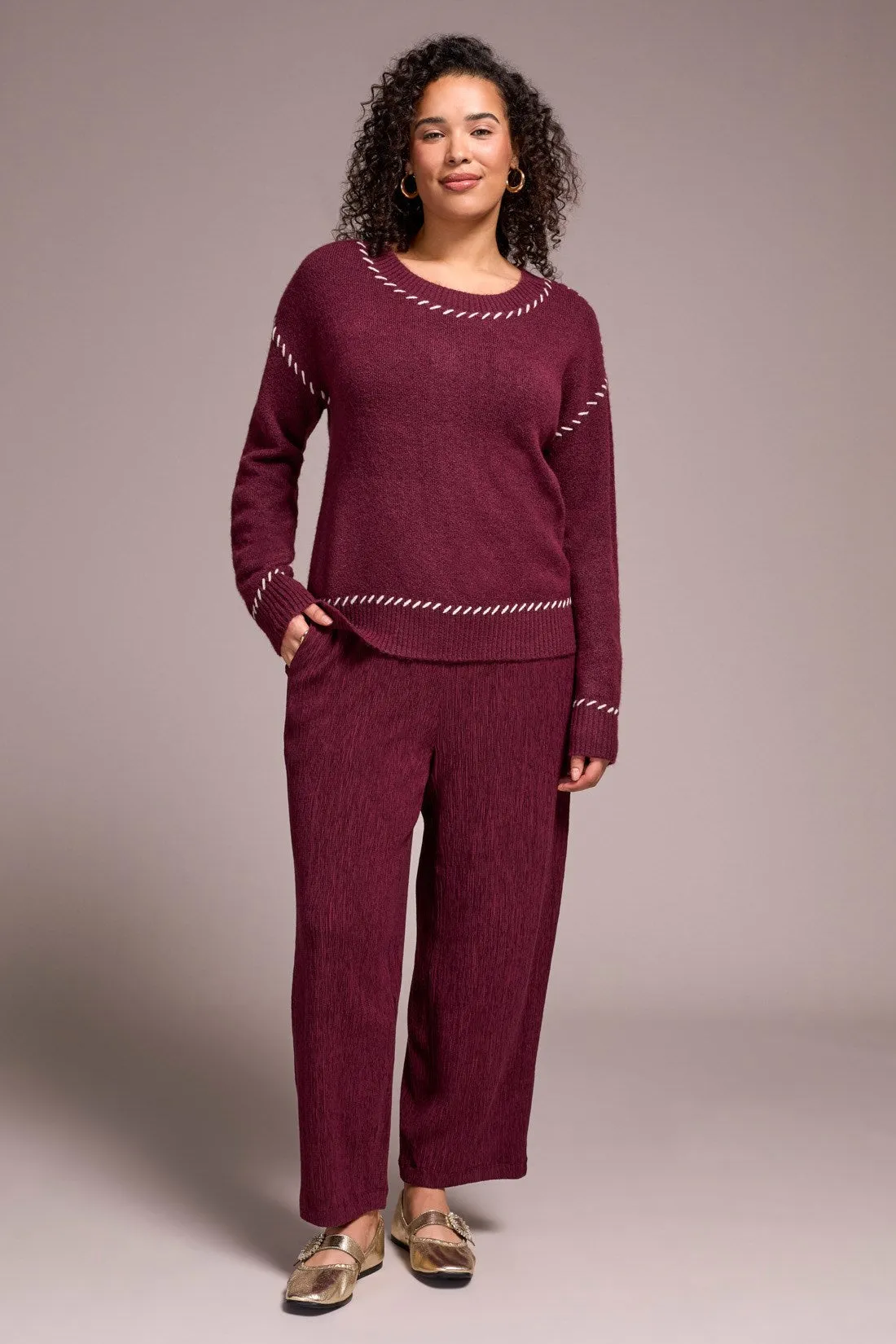 Saddle Stitch Crew Neck Sweater-Wine sold by Tribal