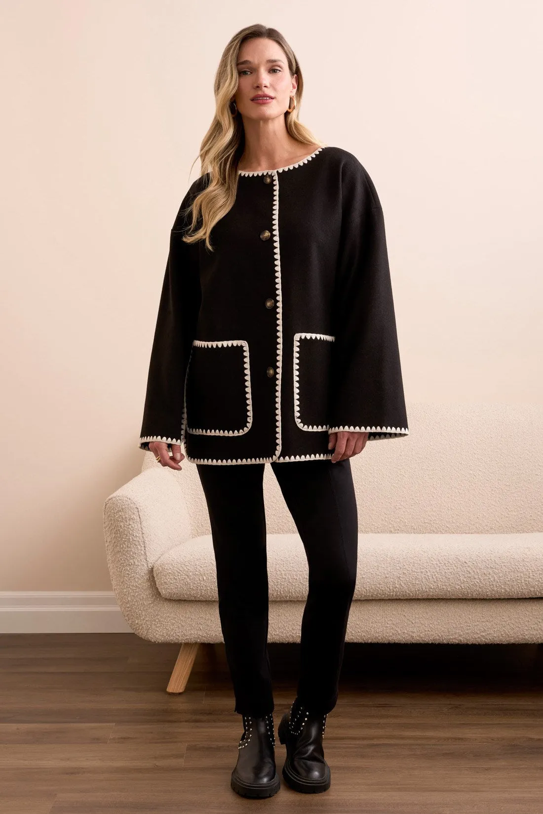 Button-Front Coat With Detachable Scarf-Black sold by Tribal