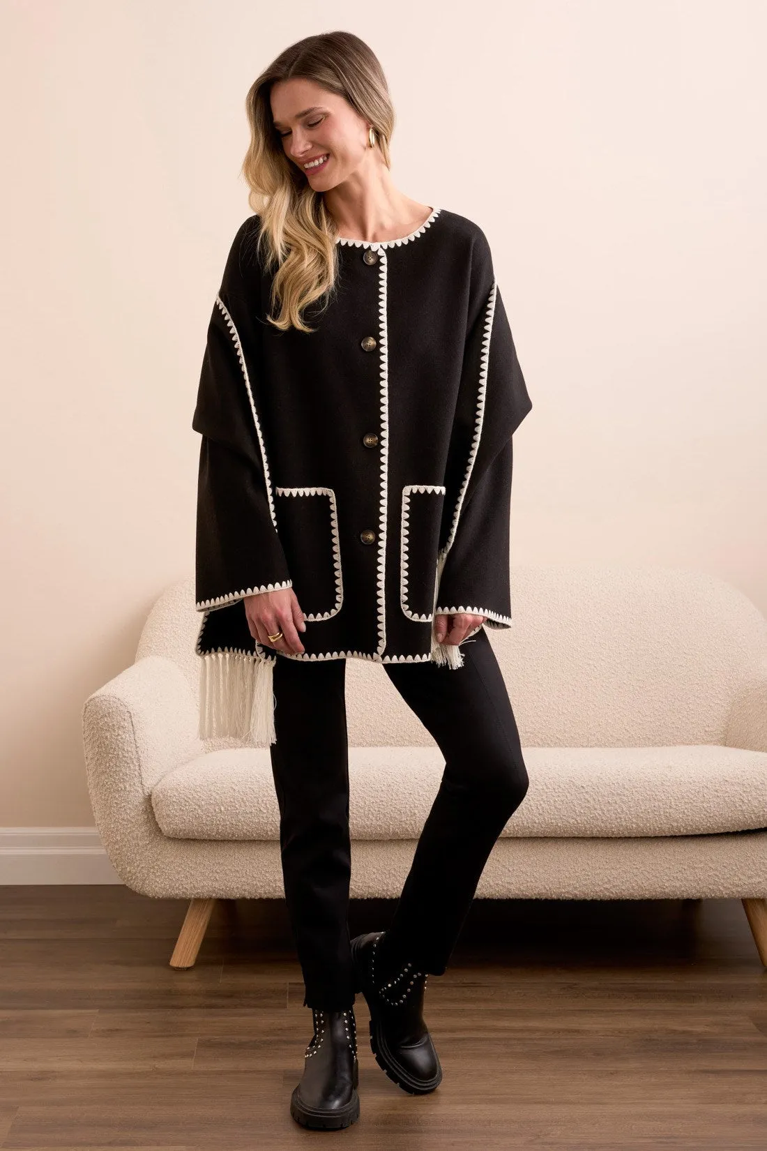 Button-Front Coat With Detachable Scarf-Black sold by Tribal product image thumbnail 2