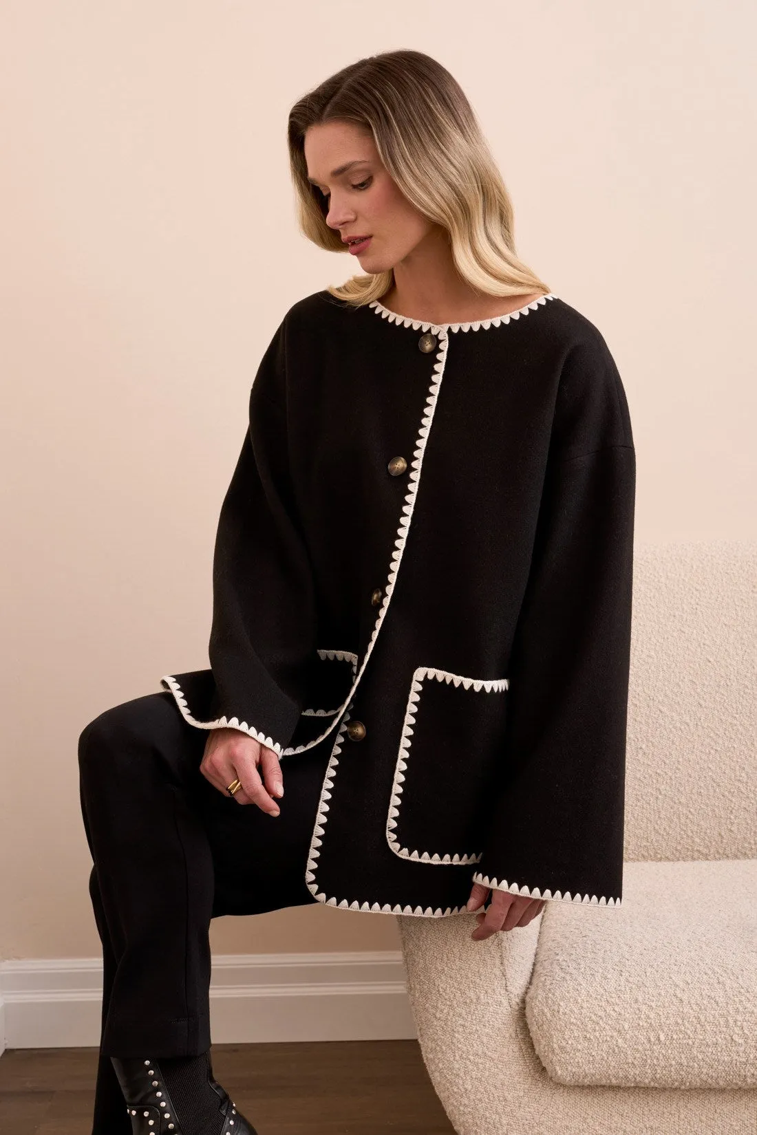 Button-Front Coat With Detachable Scarf-Black sold by Tribal product image thumbnail 3