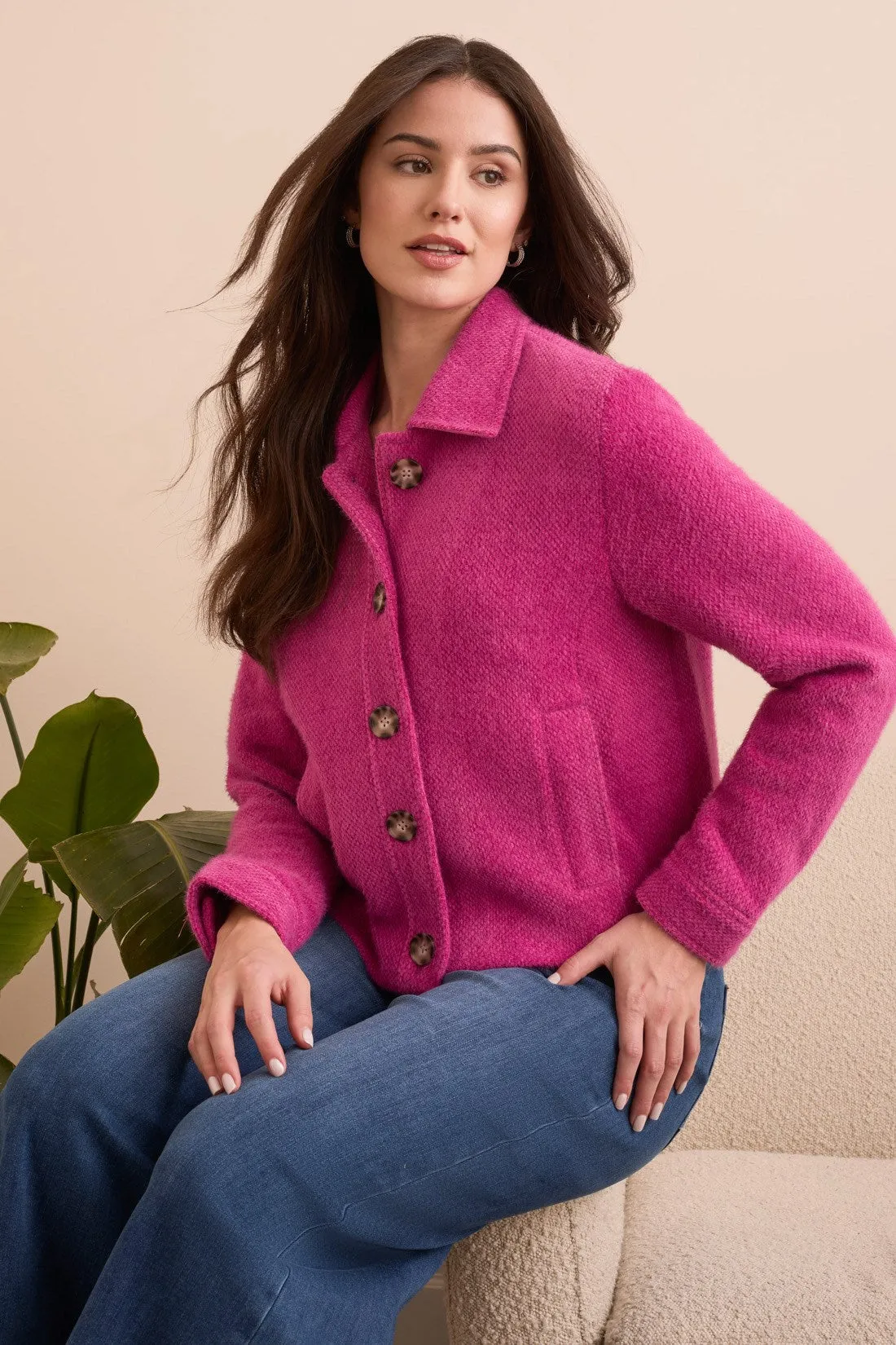 Super Soft Boucle Button-Front Jacket-Pink flambe sold by Tribal
