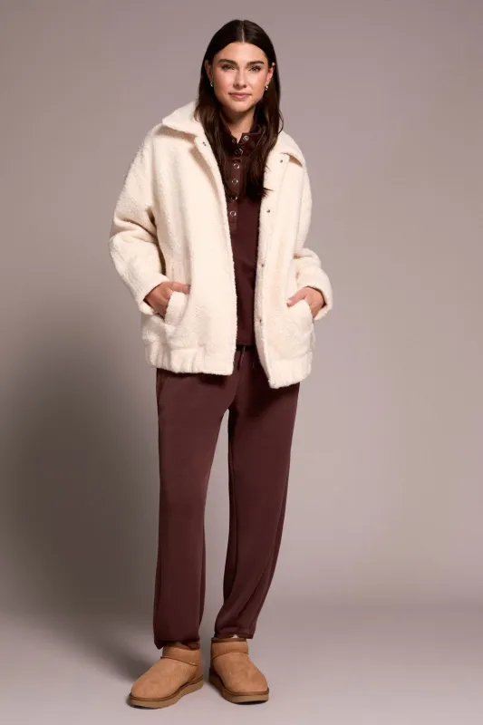 Soft Boucle Bomber Jacket With Hidden Snaps-Cream made by Tribal