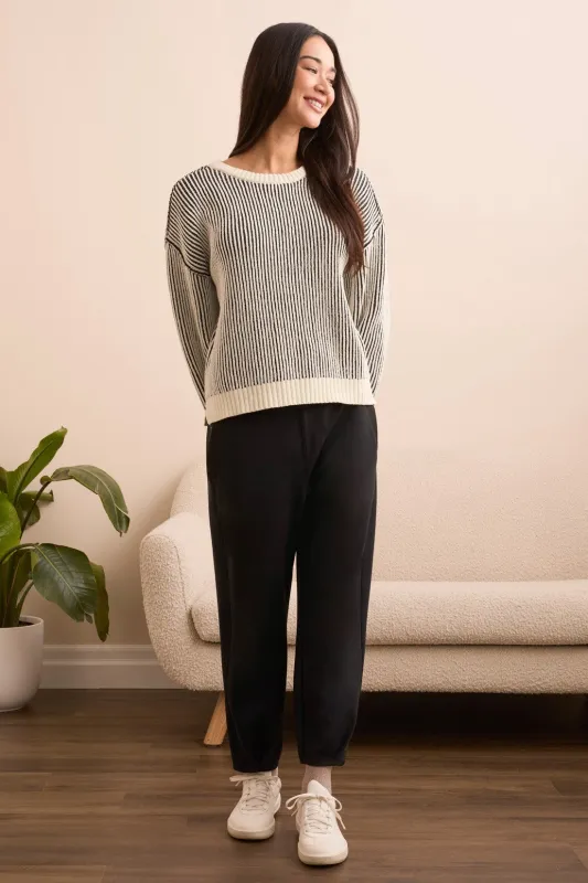 Plaited Chenille Crew Neck Ribbed Sweater-Black sold by Tribal