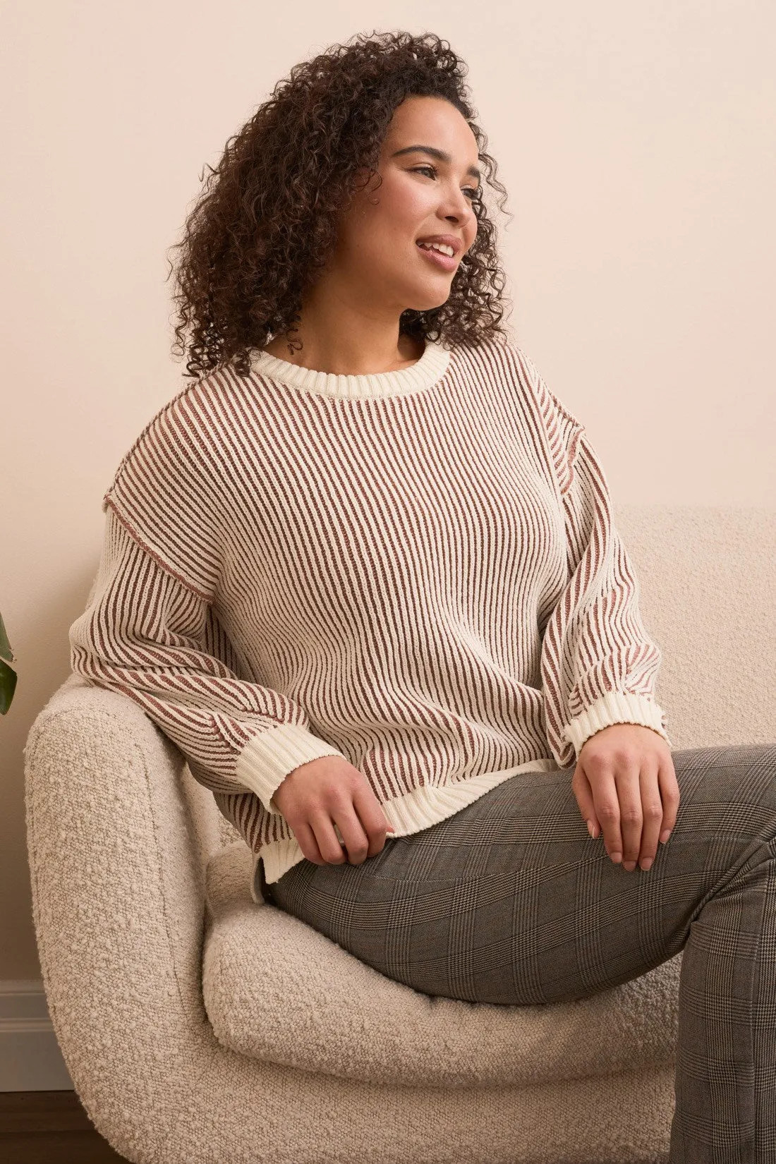 Plaited Chenille Crew Neck Ribbed Sweater-Almondlatte sold by Tribal product image thumbnail 3