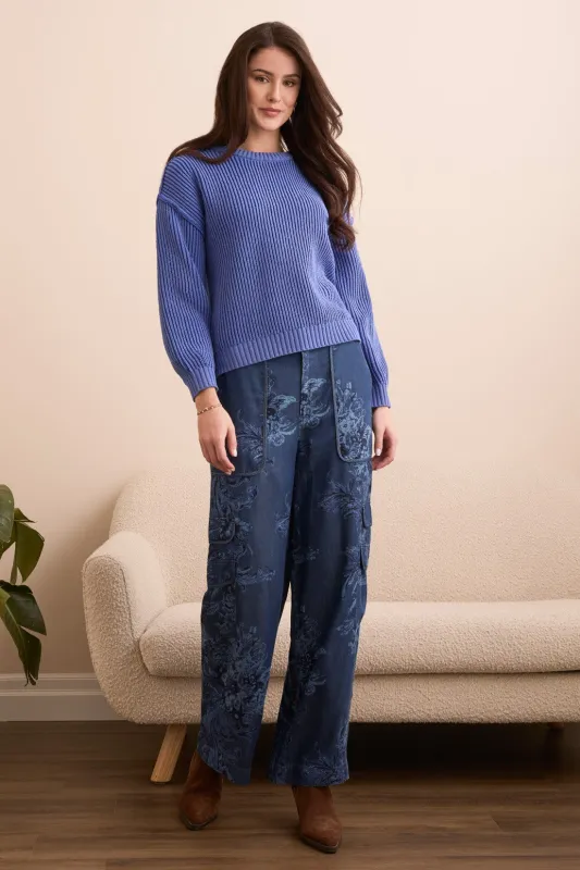 Plaited Chenille Crew Neck Ribbed Sweater-Blueviolet sold by Tribal