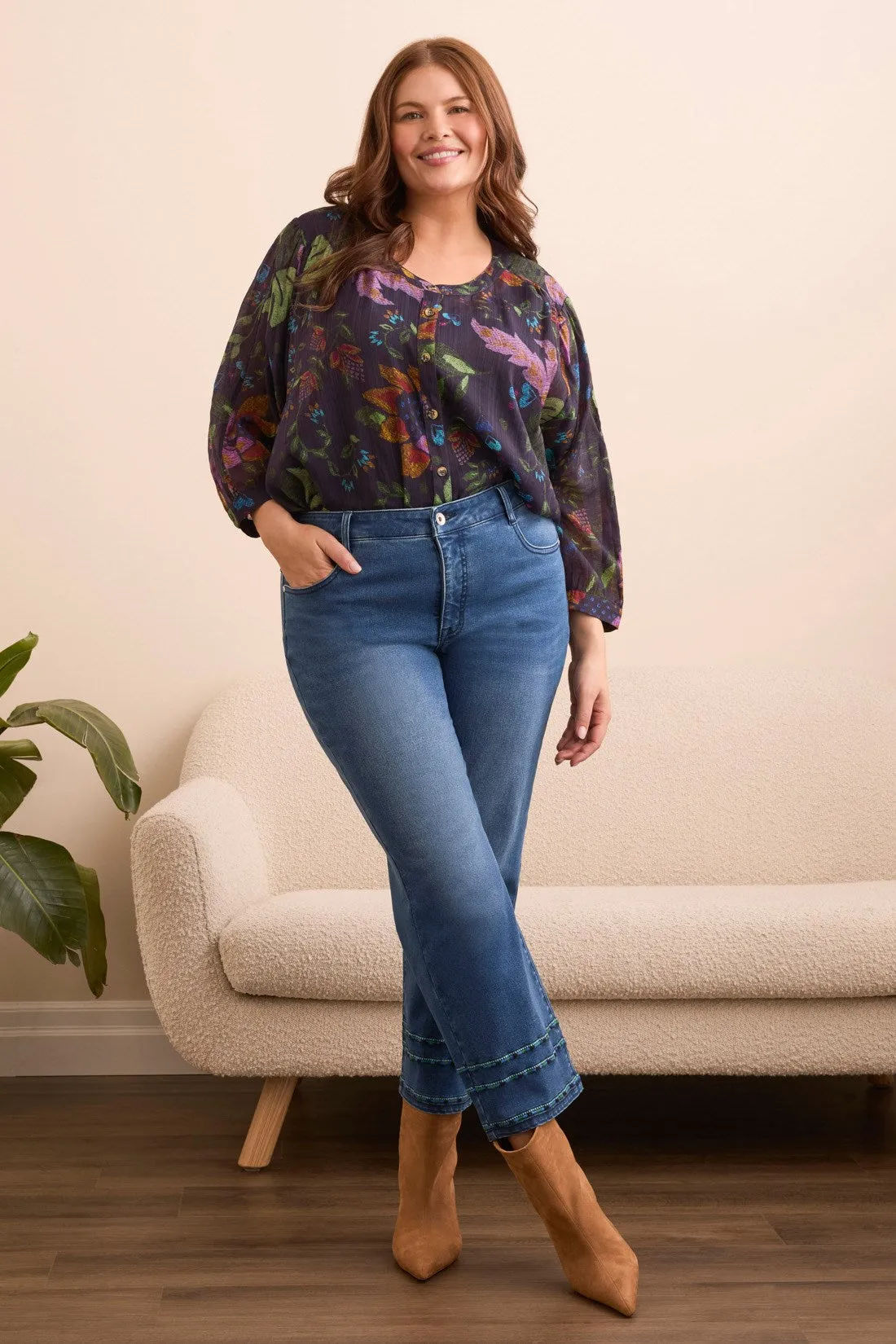 Audrey Straight Crop Jeans With Embroidery-Dk eclipse sold by Tribal