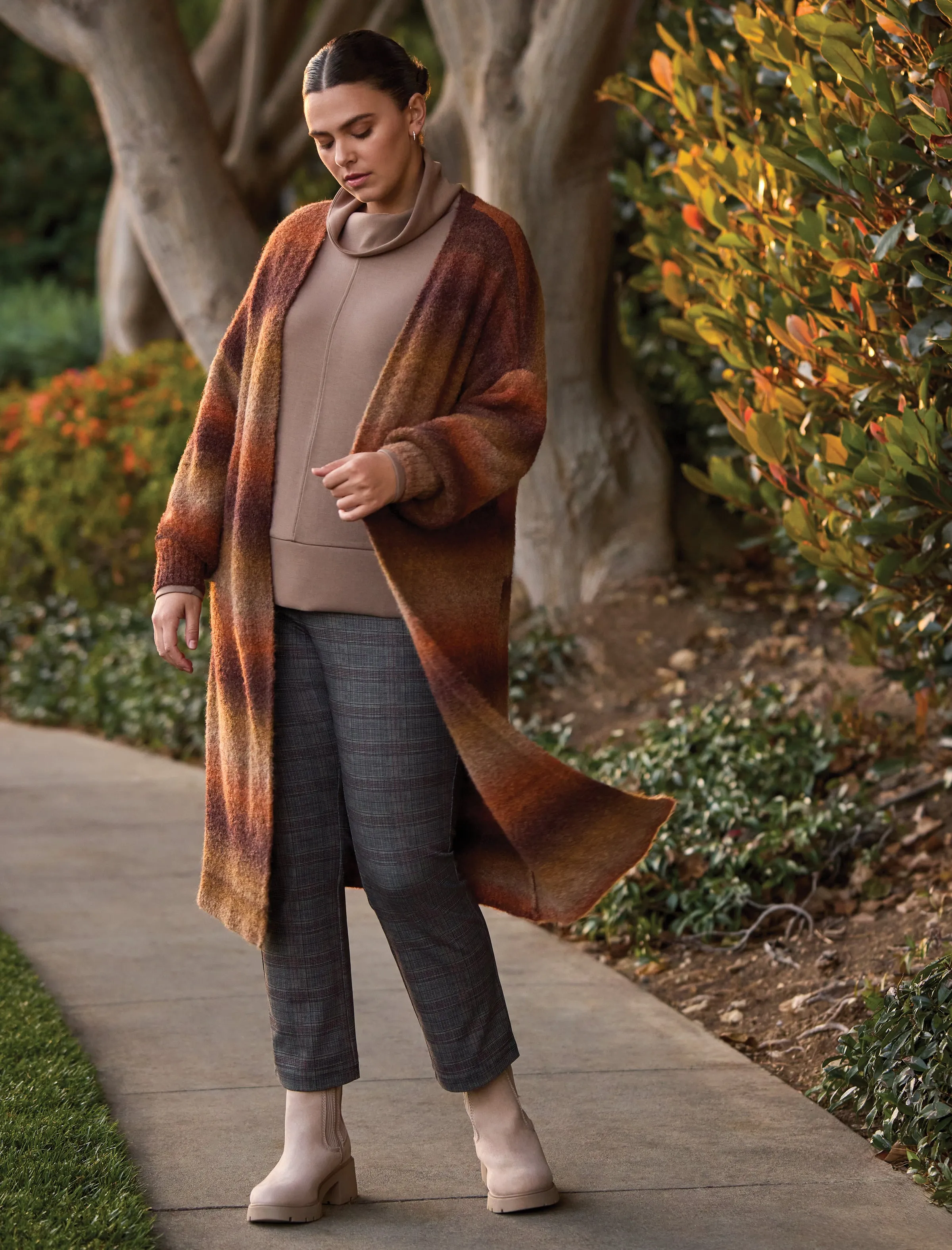 Boucle Space Dye Puff Sleeve Long Cardigan-M dk toffee sold by Tribal