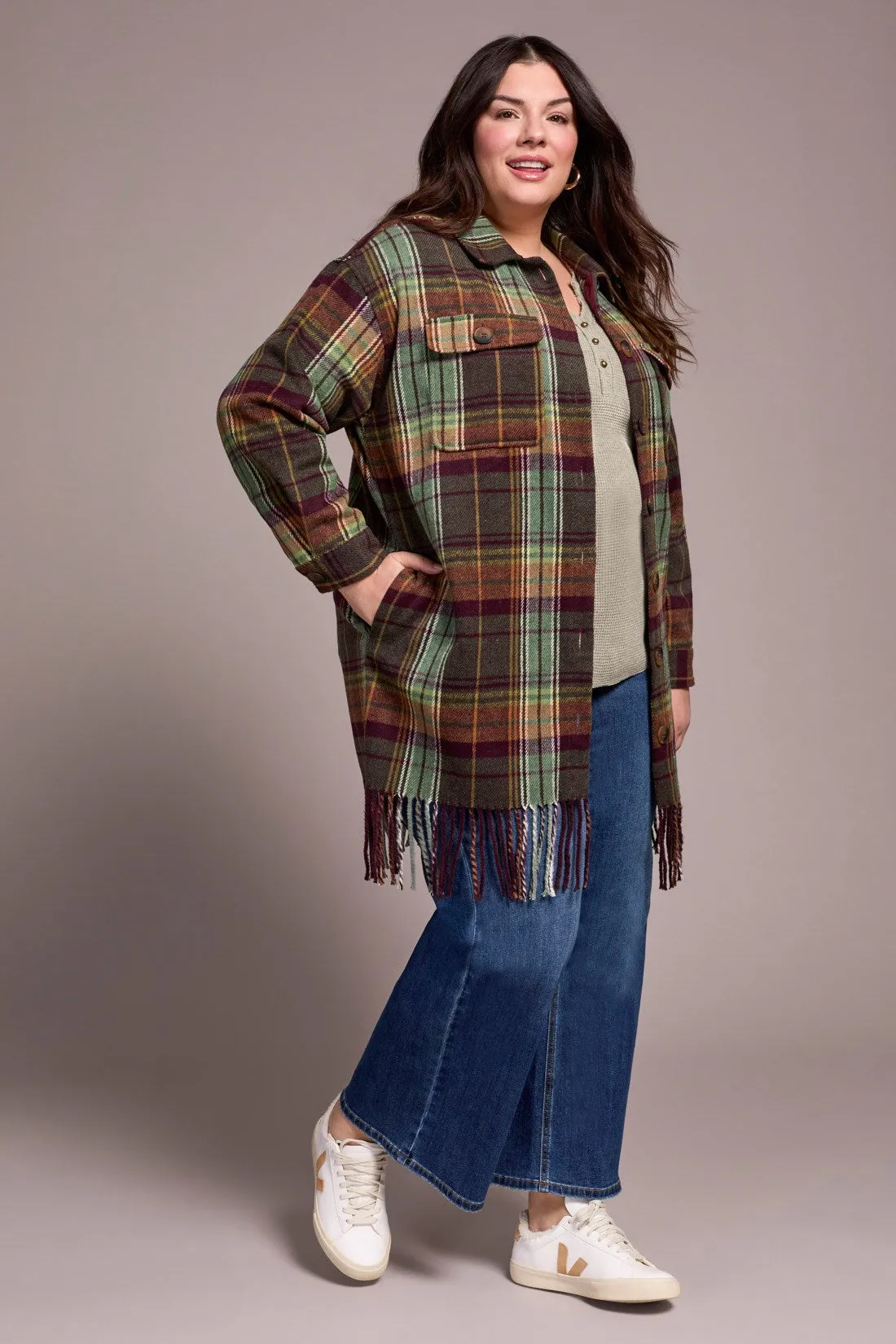 Brushed Plaid Fringe-Hem Button-Front Shacket-Passion plum sold by Tribal product image thumbnail 3