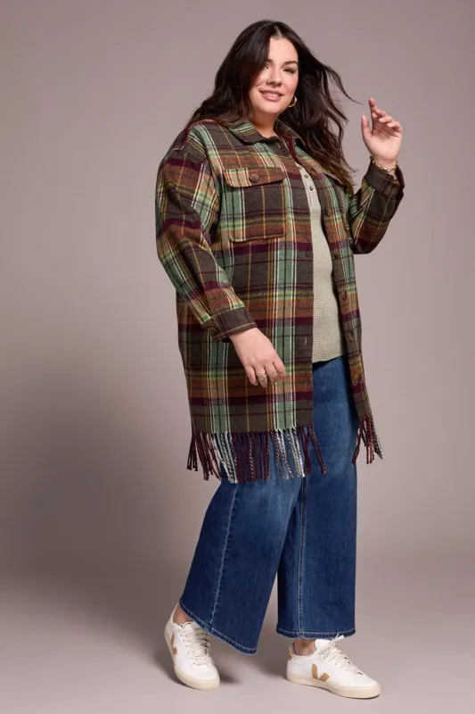 Brushed Plaid Fringe-Hem Button-Front Shacket-Passion plum sold by Tribal