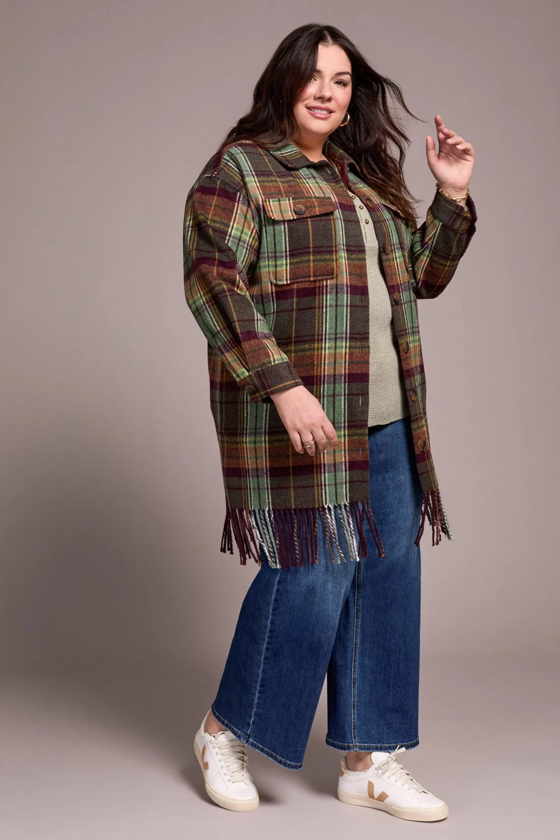 Brushed Plaid Fringe-Hem Button-Front Shacket-Passion plum sold by Tribal