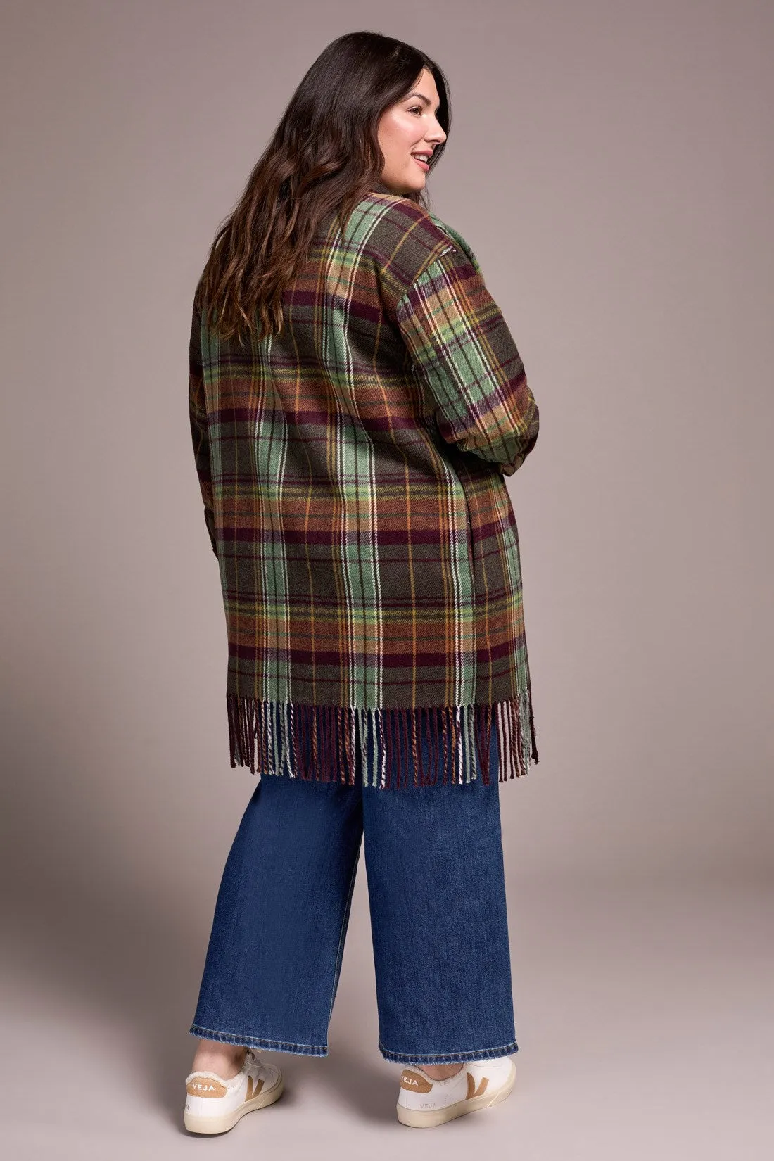 Brushed Plaid Fringe-Hem Button-Front Shacket-Passion plum sold by Tribal product image thumbnail 2