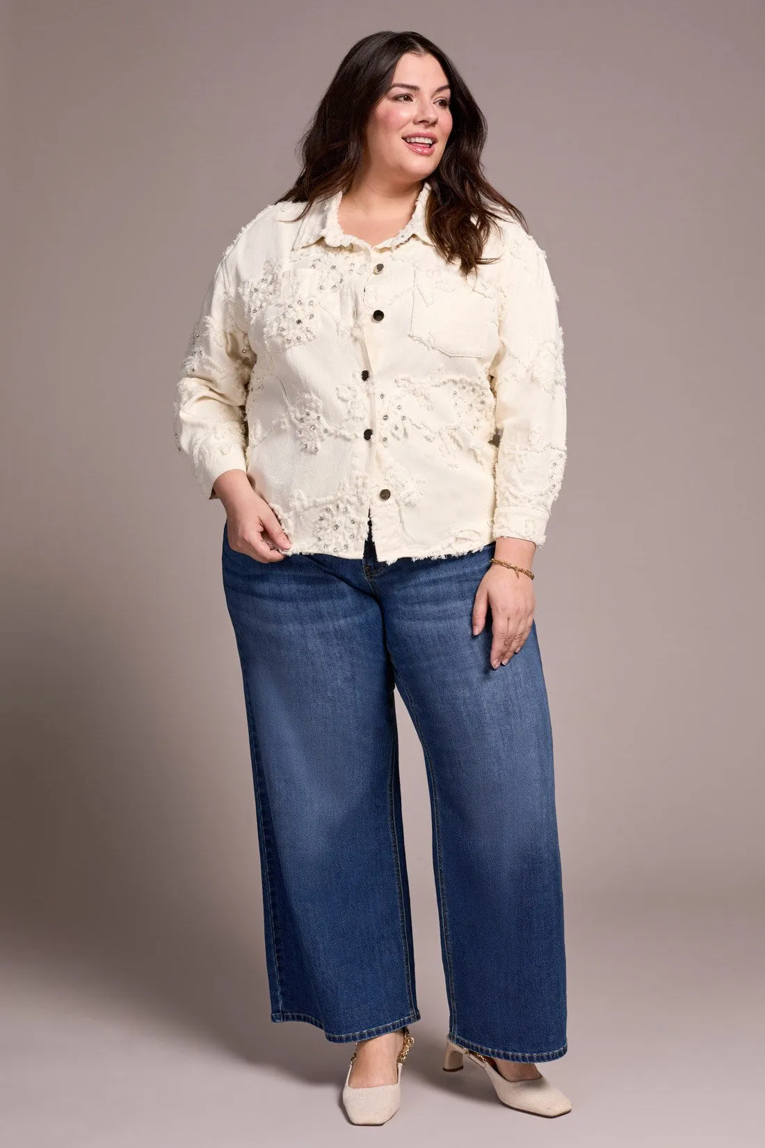 Rhinestone Applique Collared Shacket-Cream sold by Tribal product image thumbnail 2