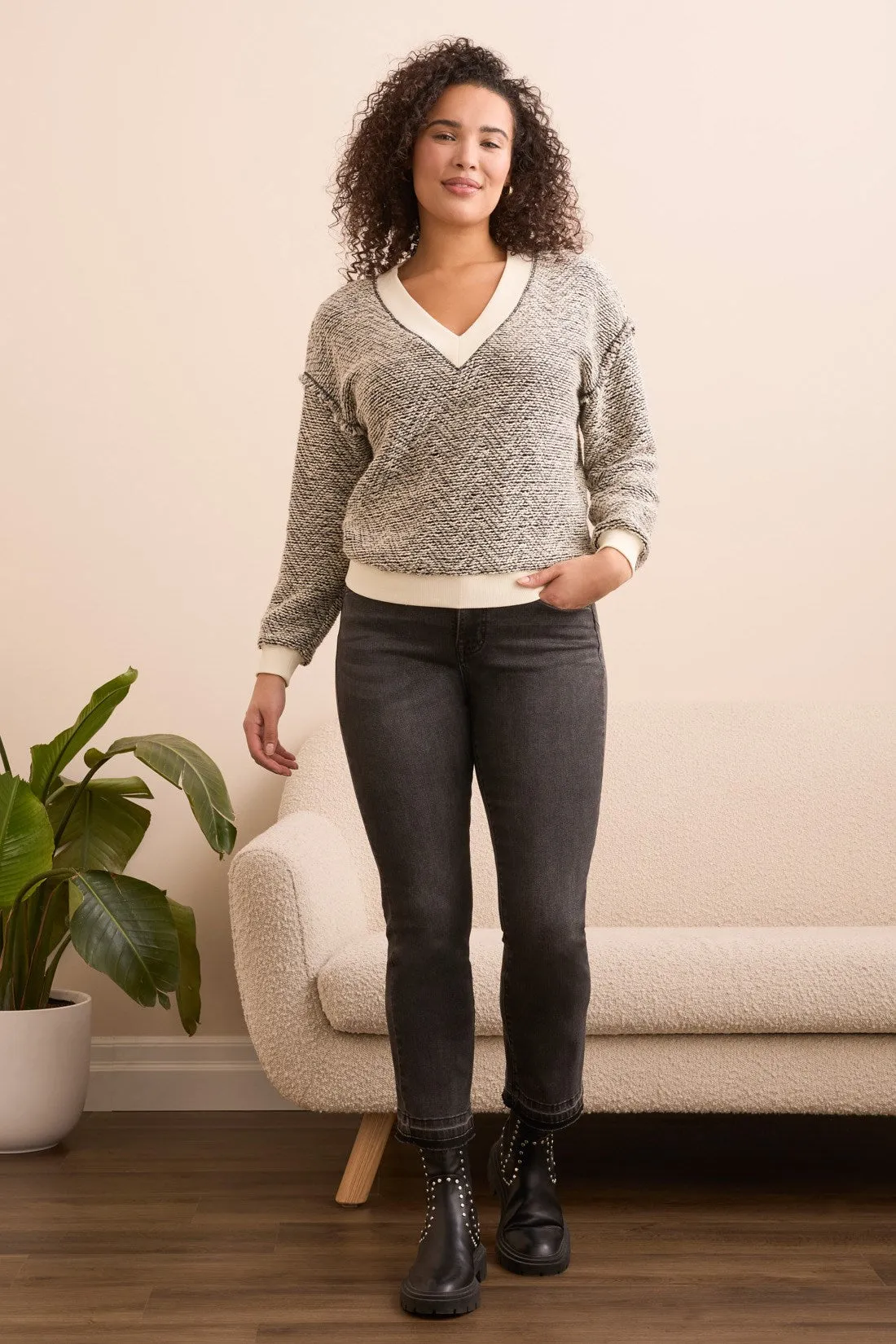 Lightweight Textured-Knit V-Neck Sweater-Cream sold by Tribal product image thumbnail 2