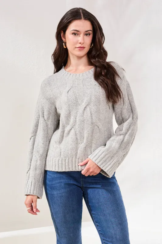 Cable-Knit Textured Crewneck Sweater-Grey mix sold by Tribal