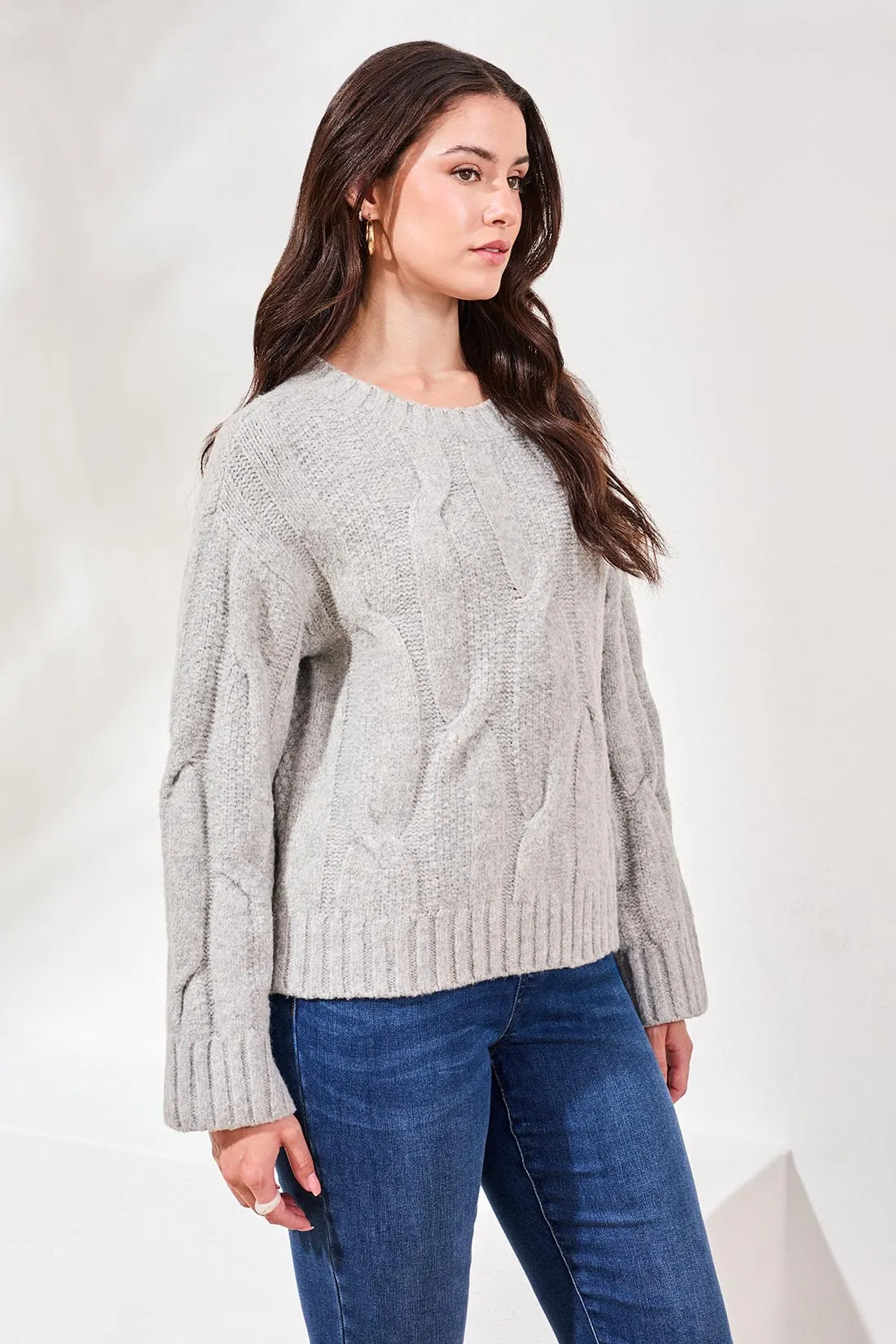 Cable-Knit Textured Crewneck Sweater-Grey mix sold by Tribal product image thumbnail 3
