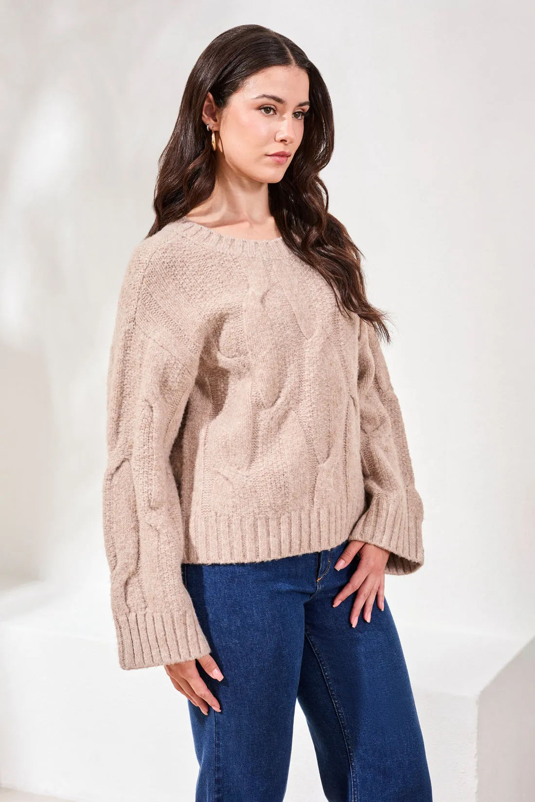 Cable-Knit Textured Crewneck Sweater-H almond latte sold by Tribal product image thumbnail 3