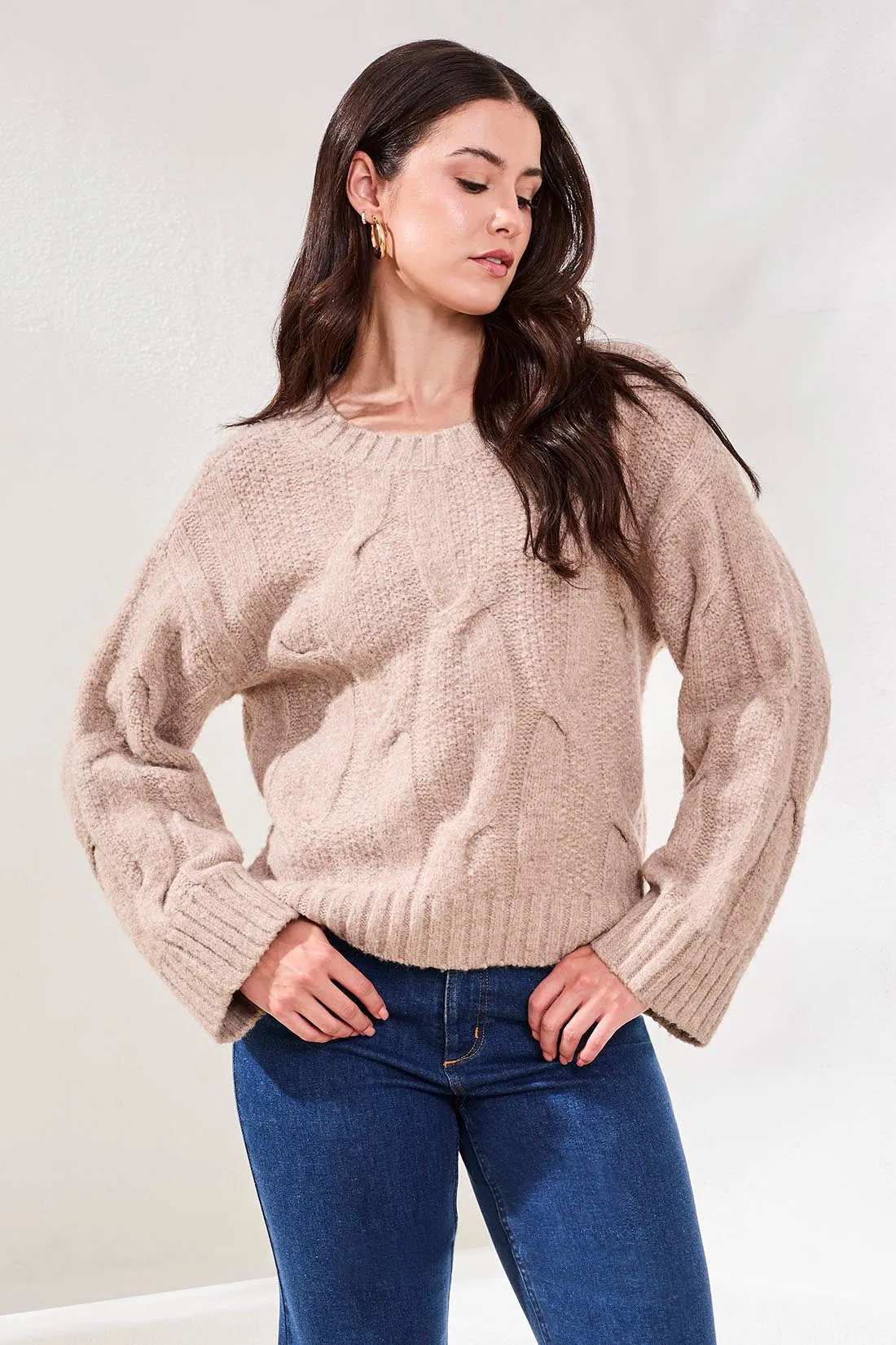 Cable-Knit Textured Crewneck Sweater-H almond latte sold by Tribal product image thumbnail 2
