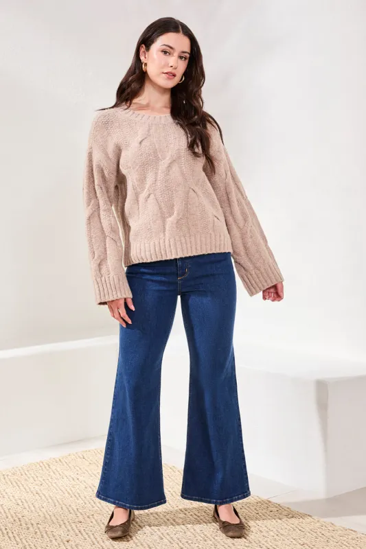 Cable-Knit Textured Crewneck Sweater-H almond latte sold by Tribal