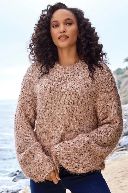 Fuzzy Eyelash Drop Shoudler Puff Sleeve Sweater-M almond latte sold by Tribal