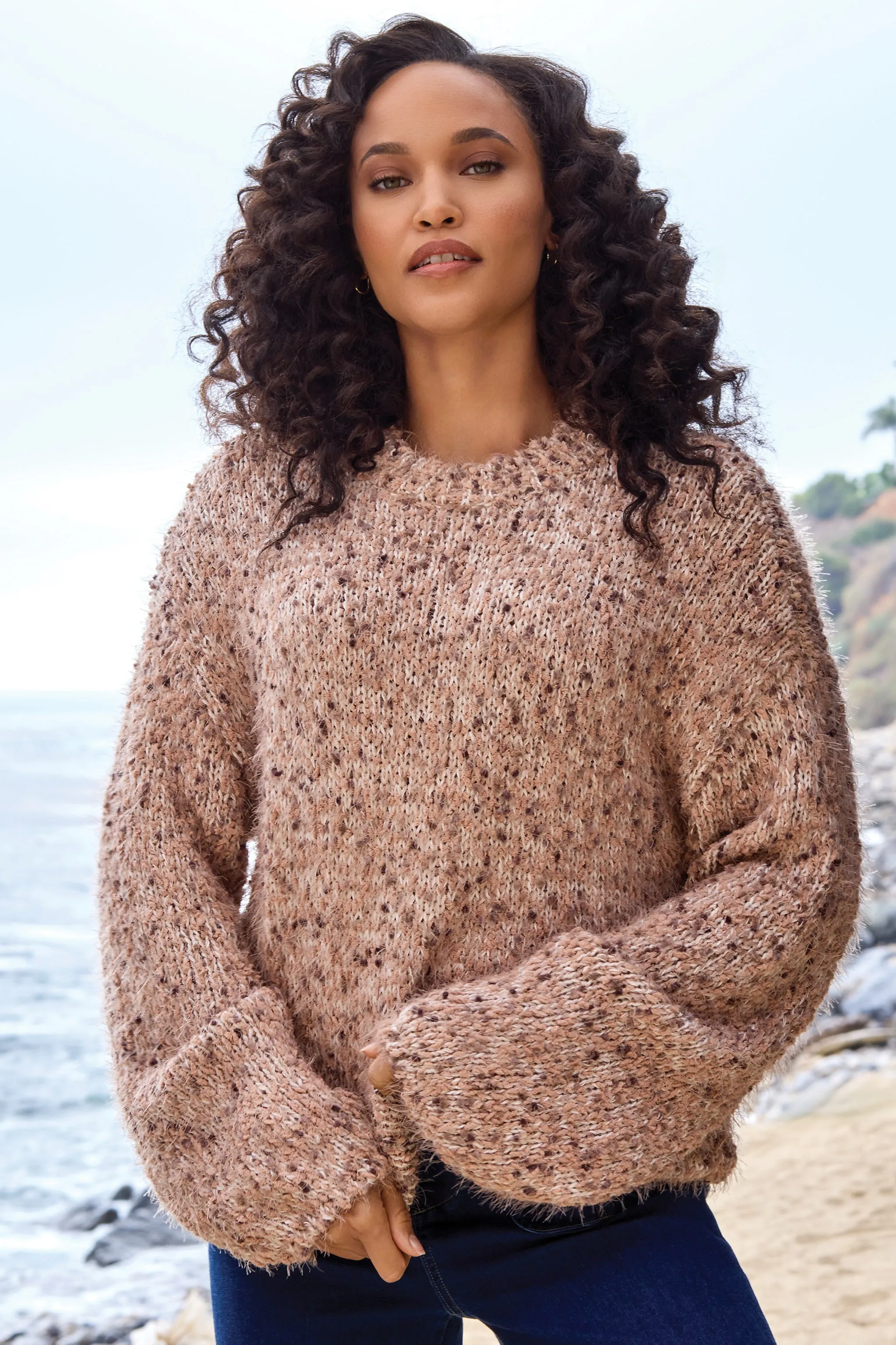 Fuzzy Eyelash Drop Shoudler Puff Sleeve Sweater-M almond latte sold by Tribal