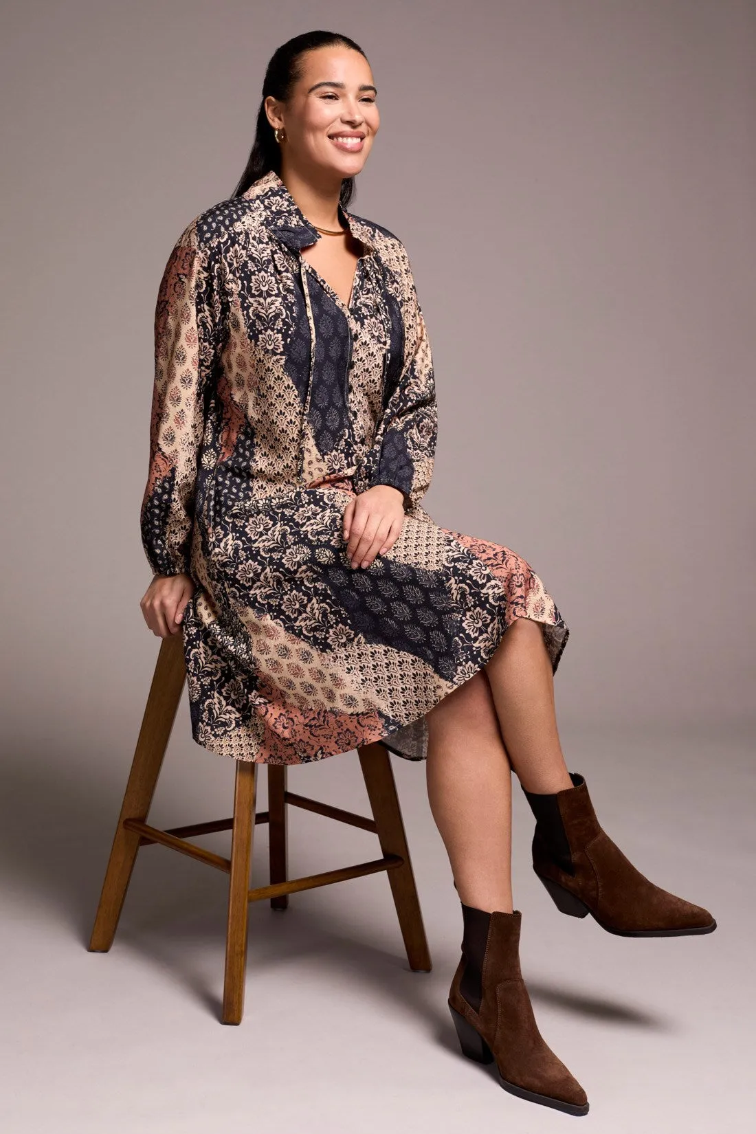 Printed Patchwork Raglan 3/4 Sleeve Notch Neck Dress-Almondlatte sold by Tribal product image thumbnail 3