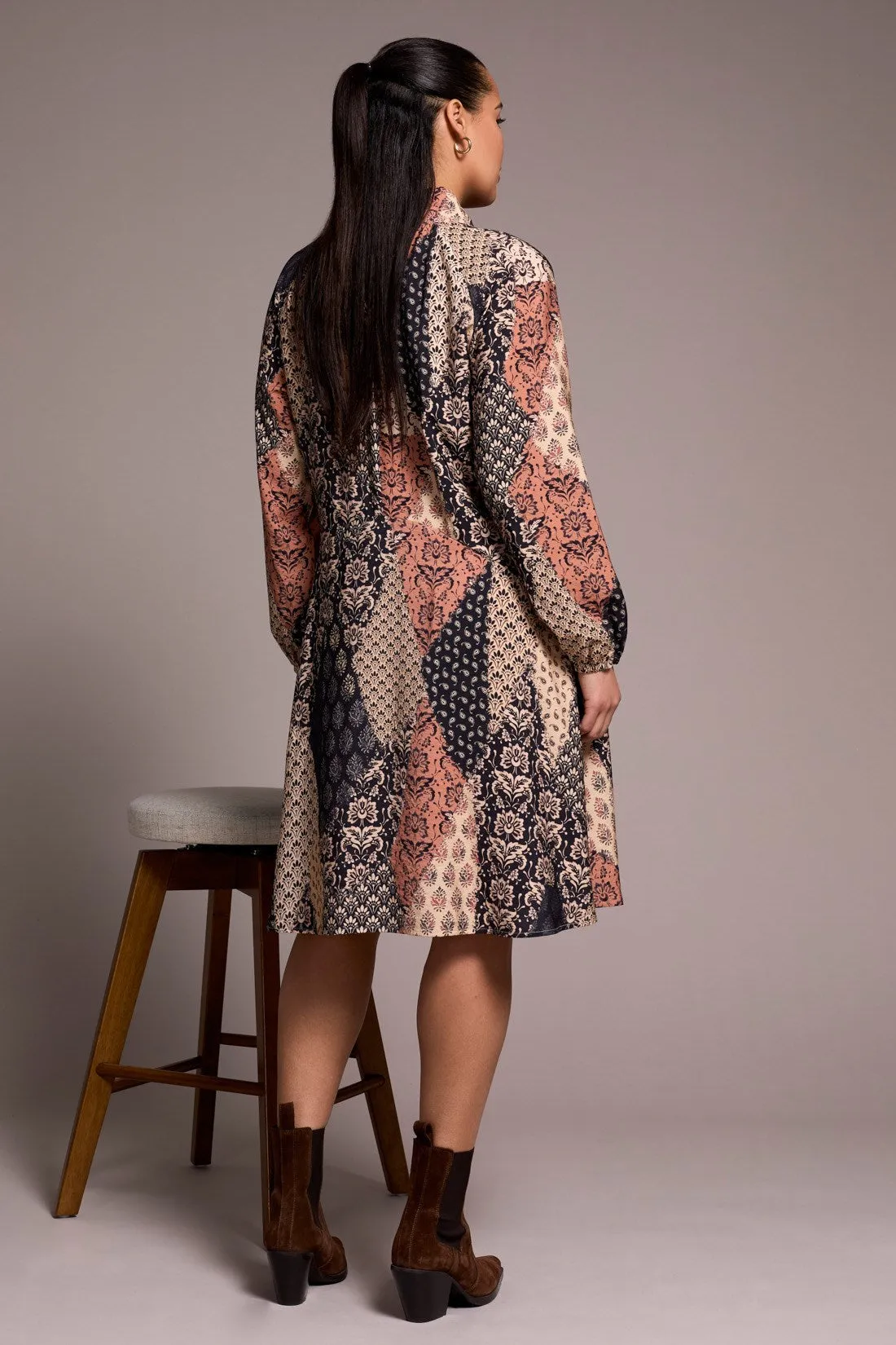 Printed Patchwork Raglan 3/4 Sleeve Notch Neck Dress-Almondlatte sold by Tribal product image thumbnail 4