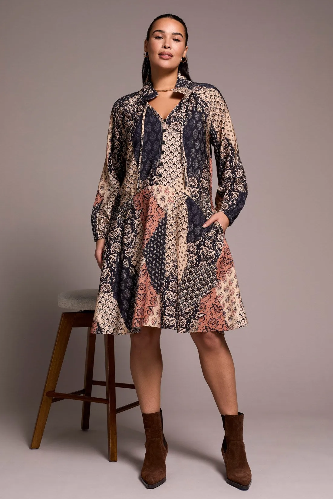 Printed Patchwork Raglan 3/4 Sleeve Notch Neck Dress-Almondlatte sold by Tribal