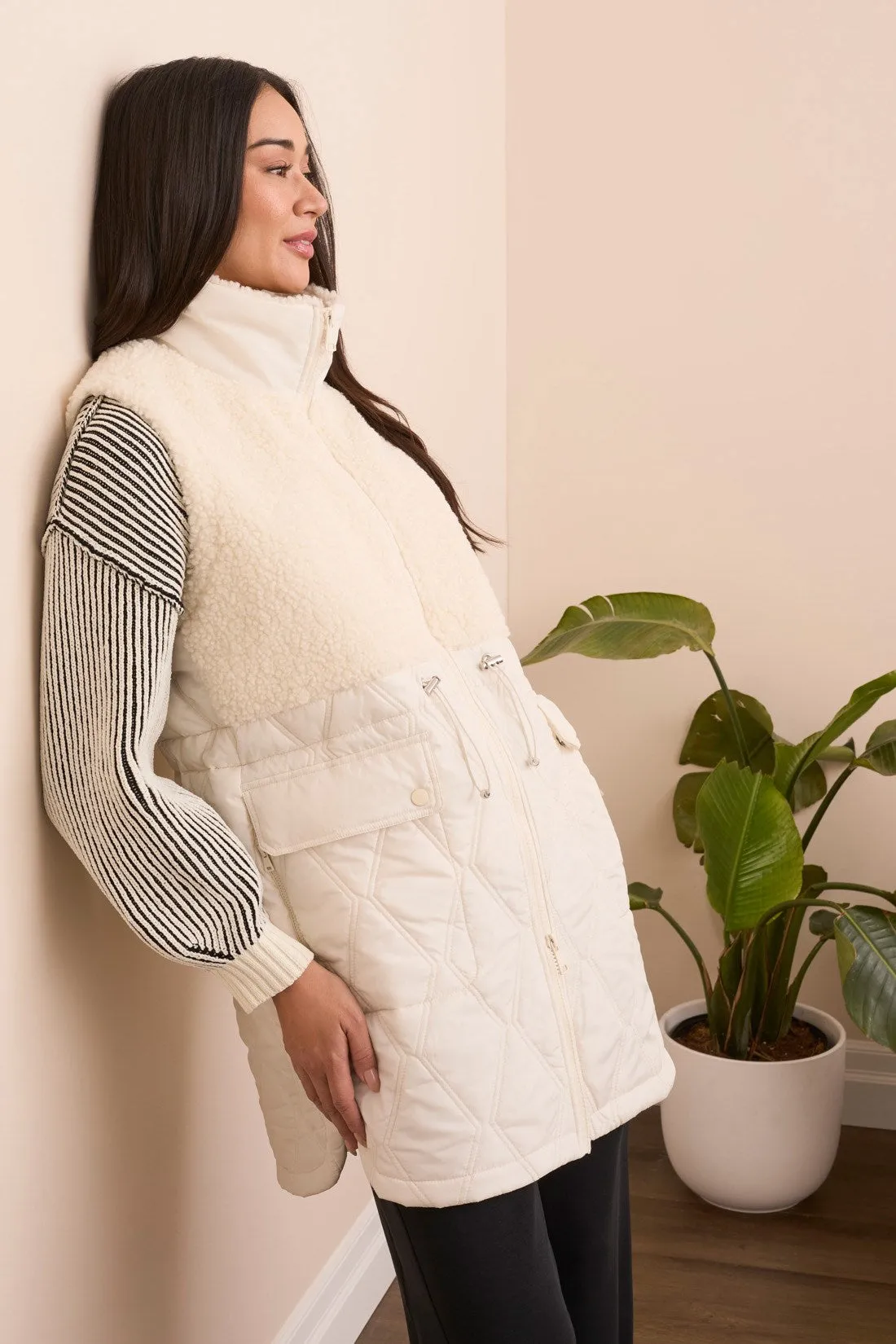Sleeveless Mix Media Quilted Sherpa Vest-Cream sold by Tribal product image thumbnail 2