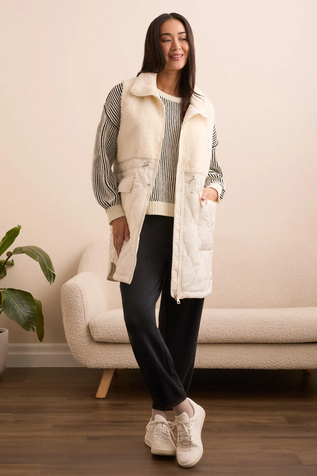 Sleeveless Mix Media Quilted Sherpa Vest-Cream sold by Tribal product image thumbnail 3