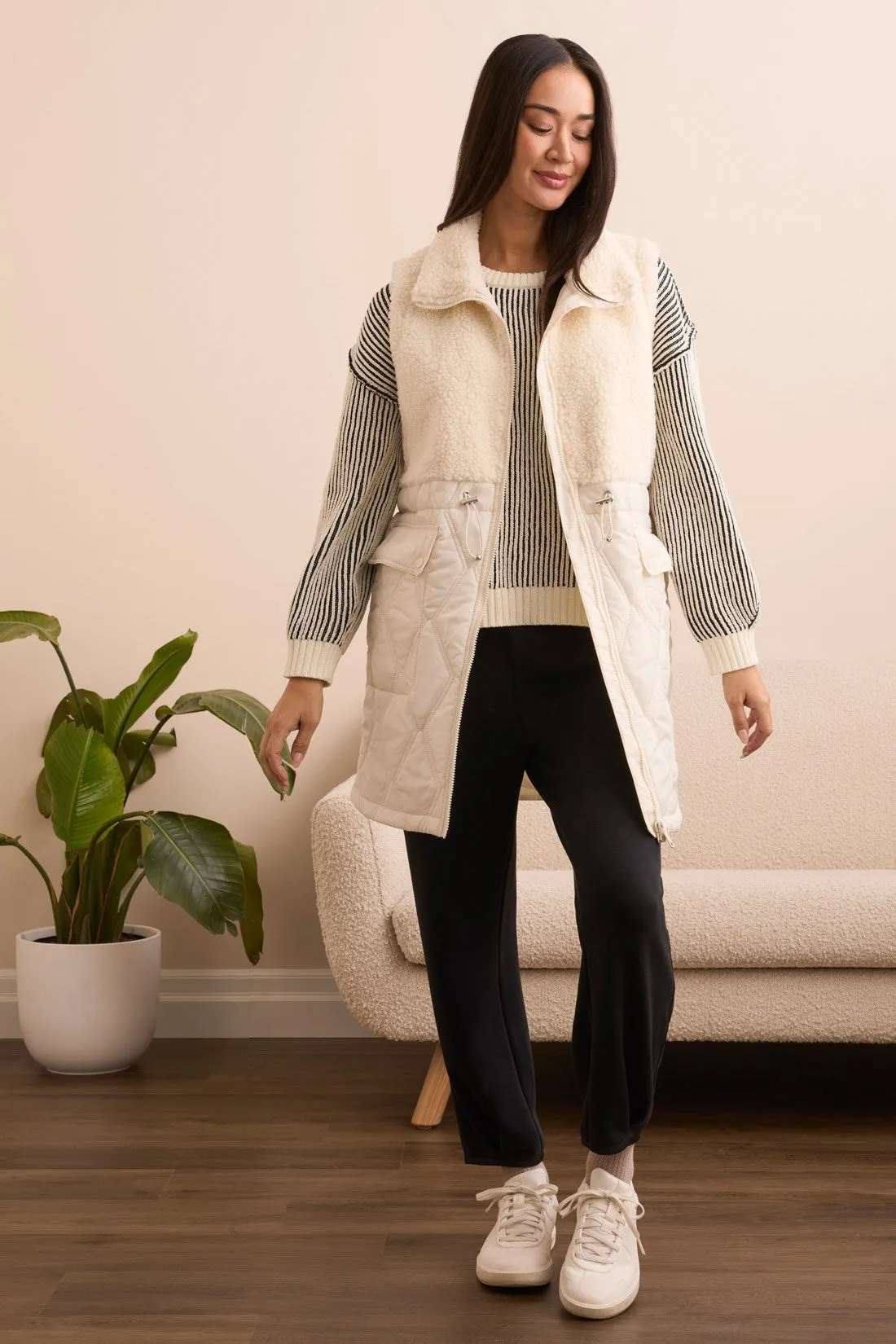 Sleeveless Mix Media Quilted Sherpa Vest-Cream sold by Tribal