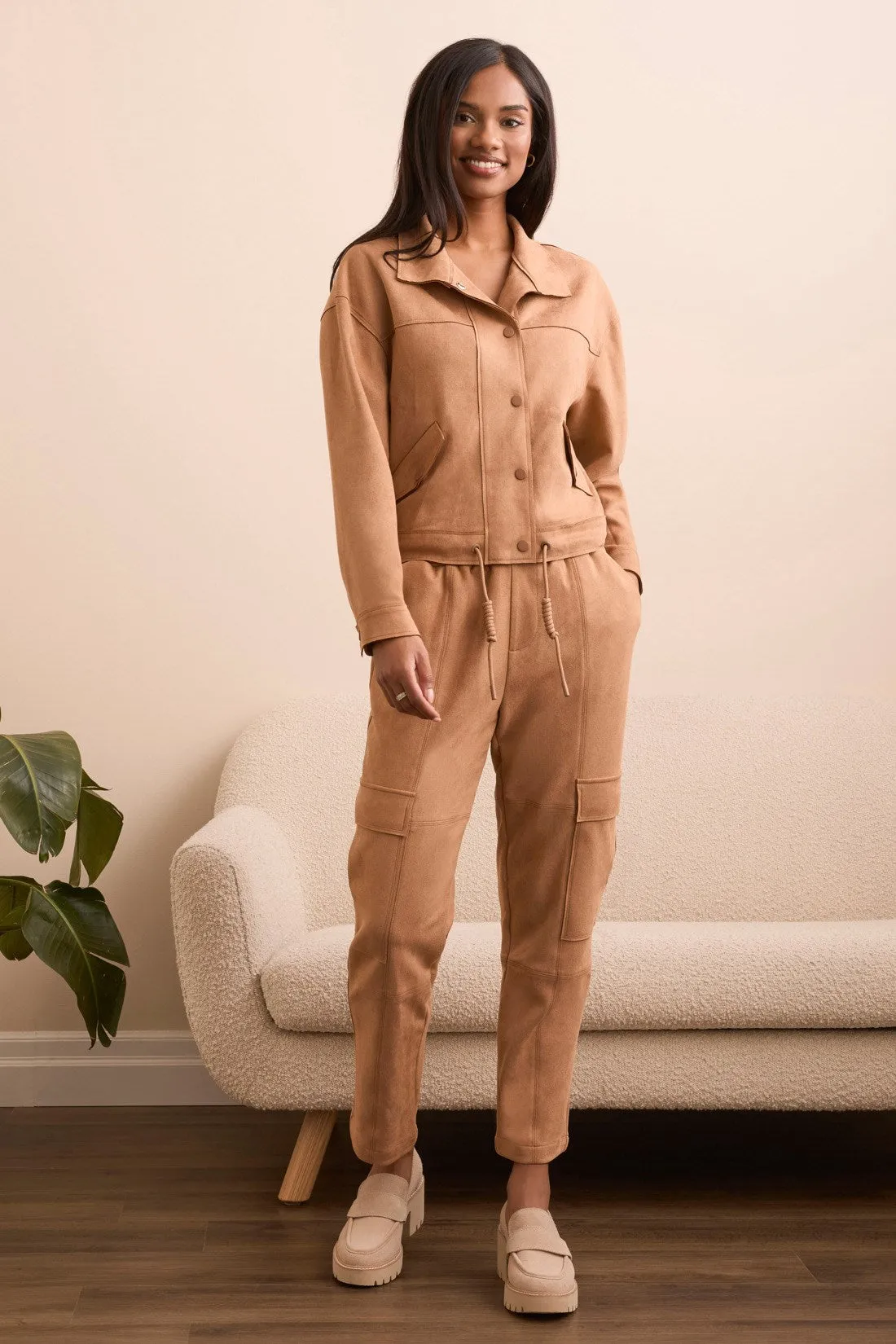 Faux Suede High-Collar Drop-Shoulder Jacket-Almondlatte sold by Tribal product image thumbnail 2