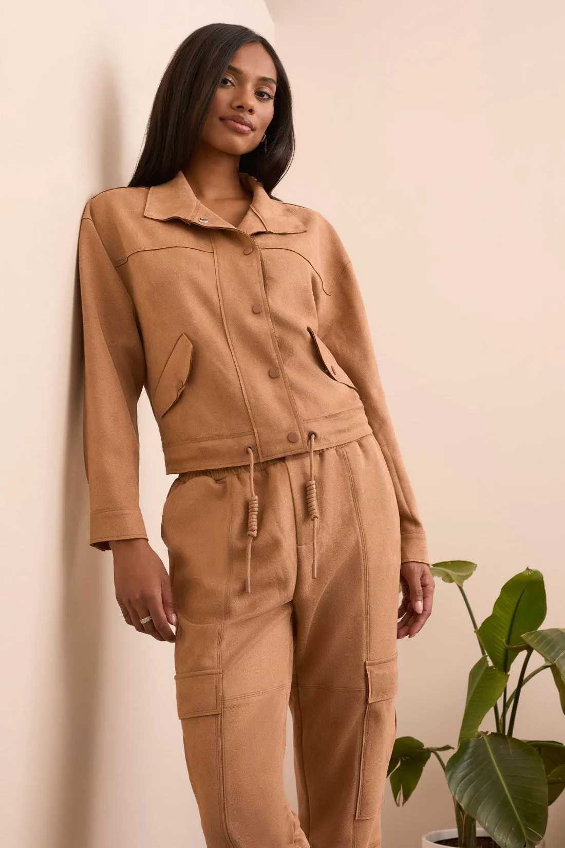 Faux Suede High-Collar Drop-Shoulder Jacket-Almondlatte sold by Tribal