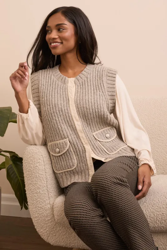 Cozy Sleeveless Knit Vest With Hidden Buttons-H sandstone sold by Tribal