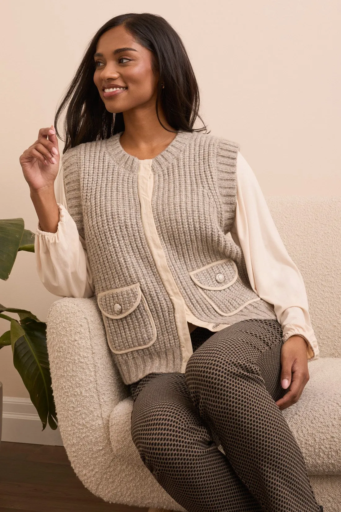 Cozy Sleeveless Knit Vest With Hidden Buttons-H sandstone sold by Tribal
