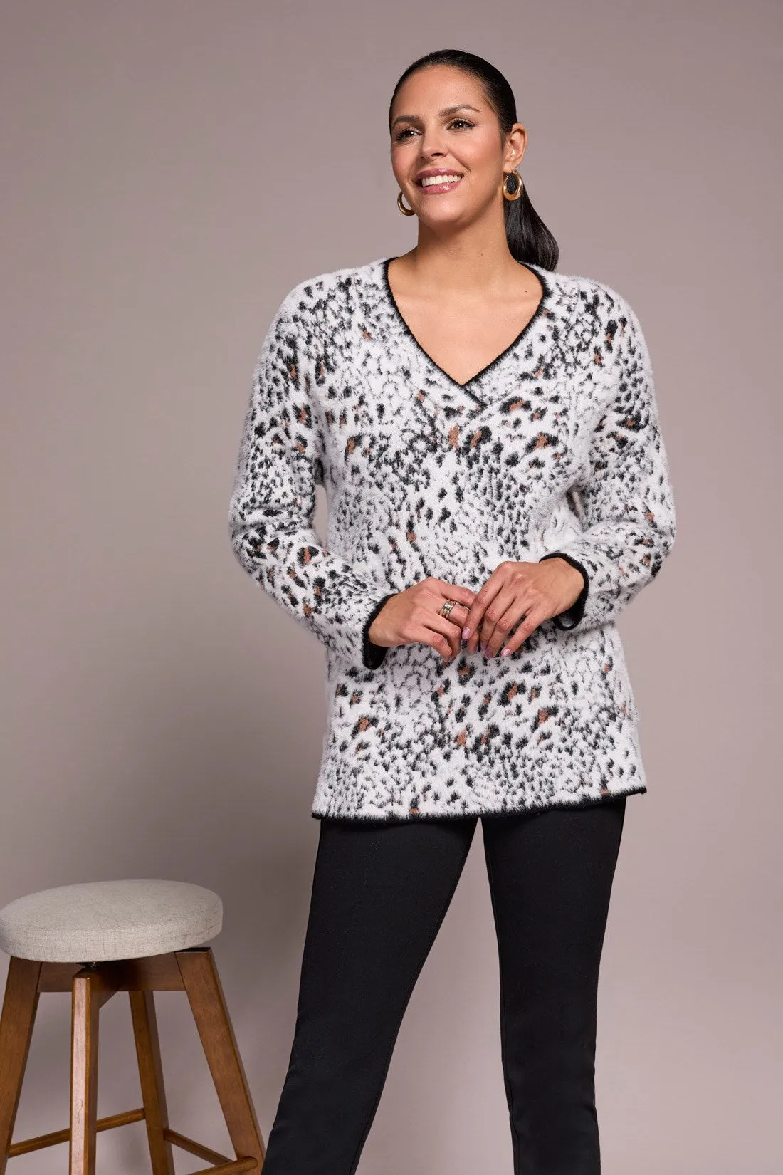 Fuzzy Animal Print Long-Sleeve V-Neck Sweater-Moonstone sold by Tribal
