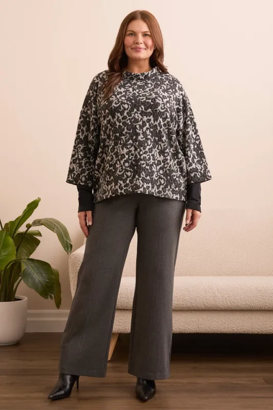 Printed Long-Sleeve Combo Mock Neck Jacquard Top-Black sold by Tribal